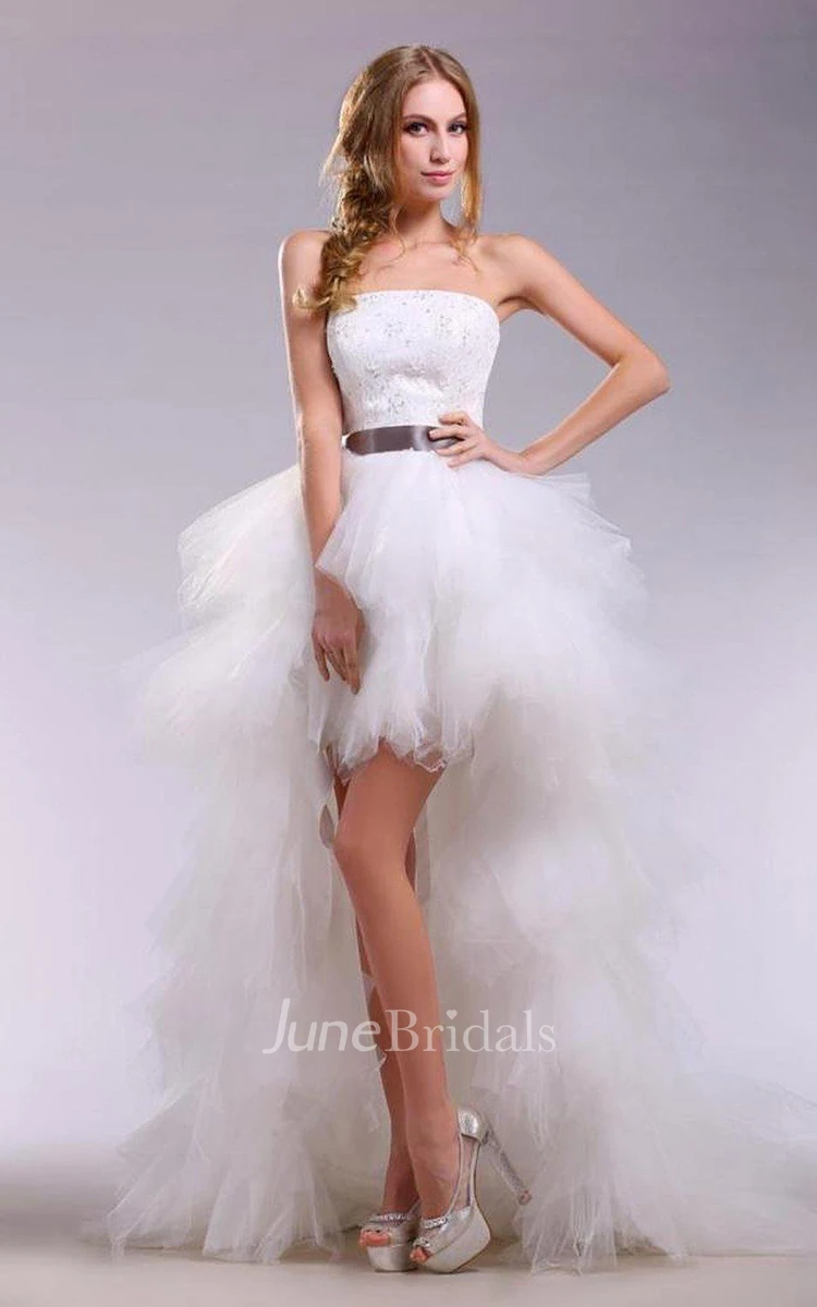 Strapless High-low Tulle Dress With Satin Sash