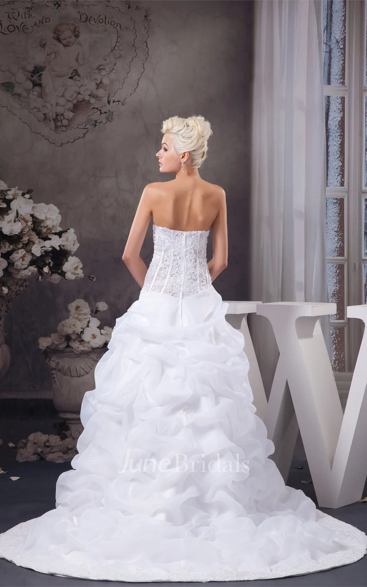 Sweetheart Criss-Cross Ruffled Gown with Beading and Appliques