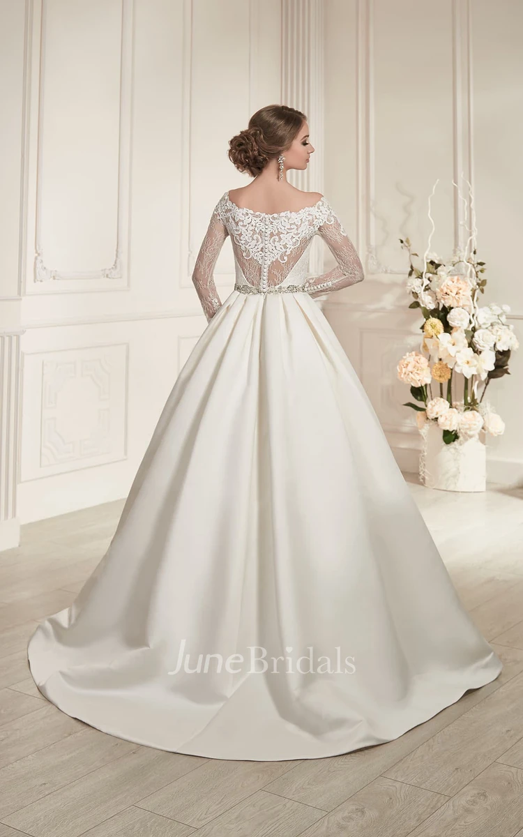 A-Line Floor-Length Bateau-Neck Illusion-Sleeve Illusion Satin Dress With Beading And Pleatings