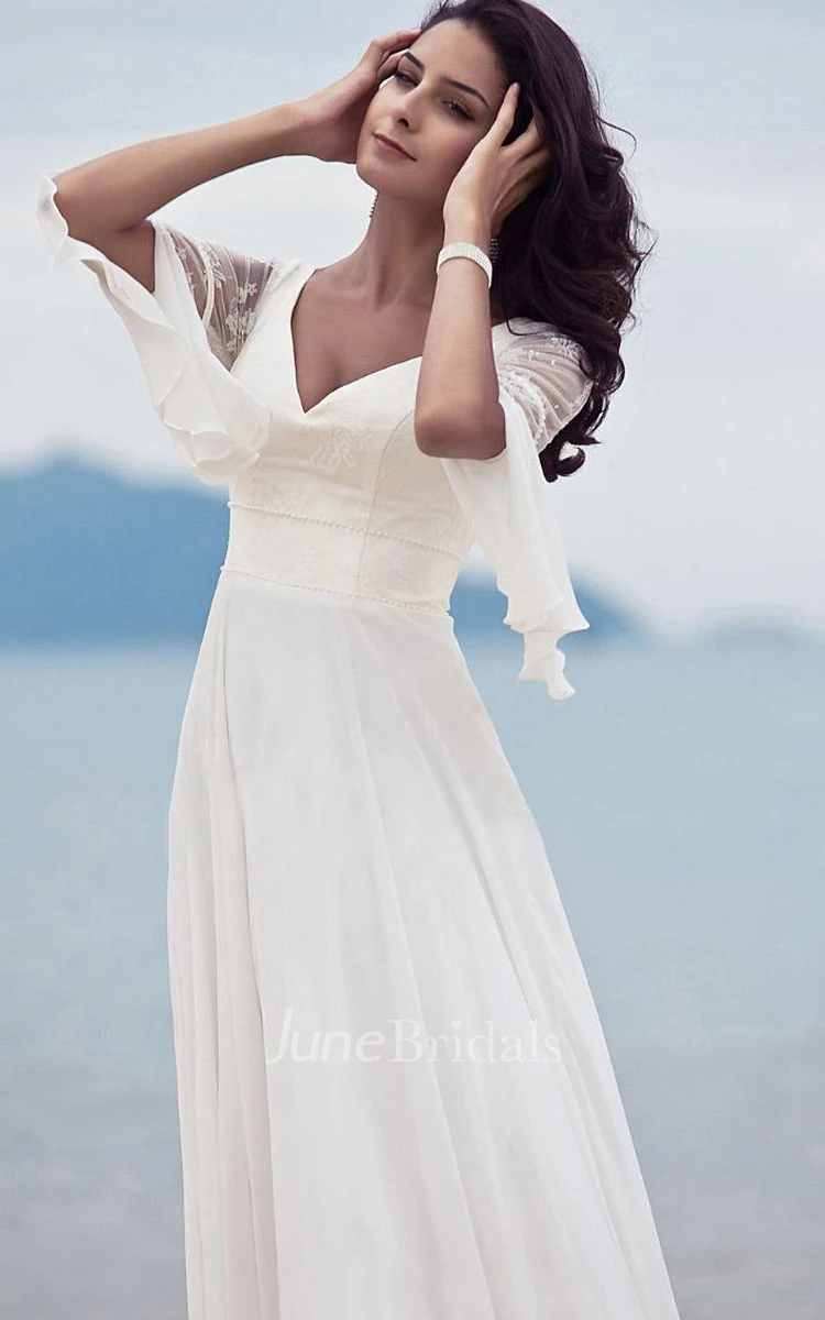 A Line V-neck Chiffon Lace Floor-length Half Sleeve Wedding Dress