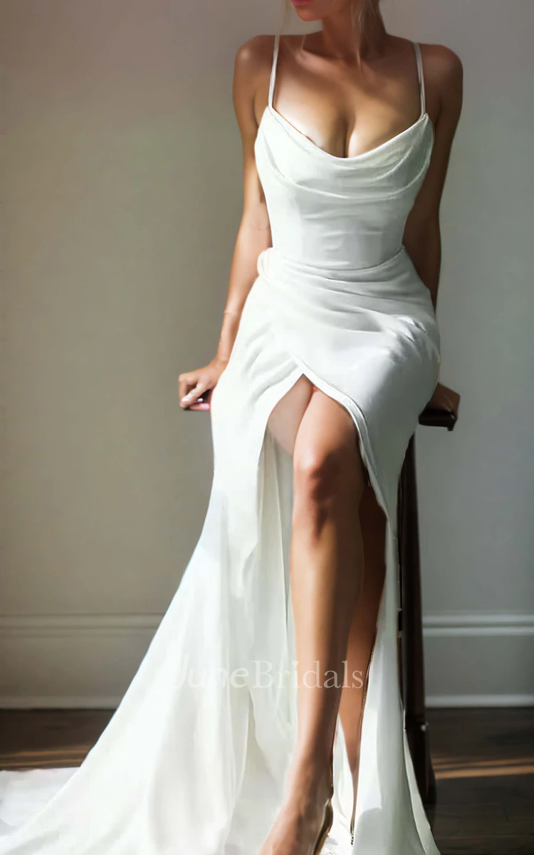 Spaghetti Straps Simple Sexy Solid Ruched Mermaid Beach Floor-length Sleeveless Wedding Dress with Button Zipper Deep-V Back Split Front