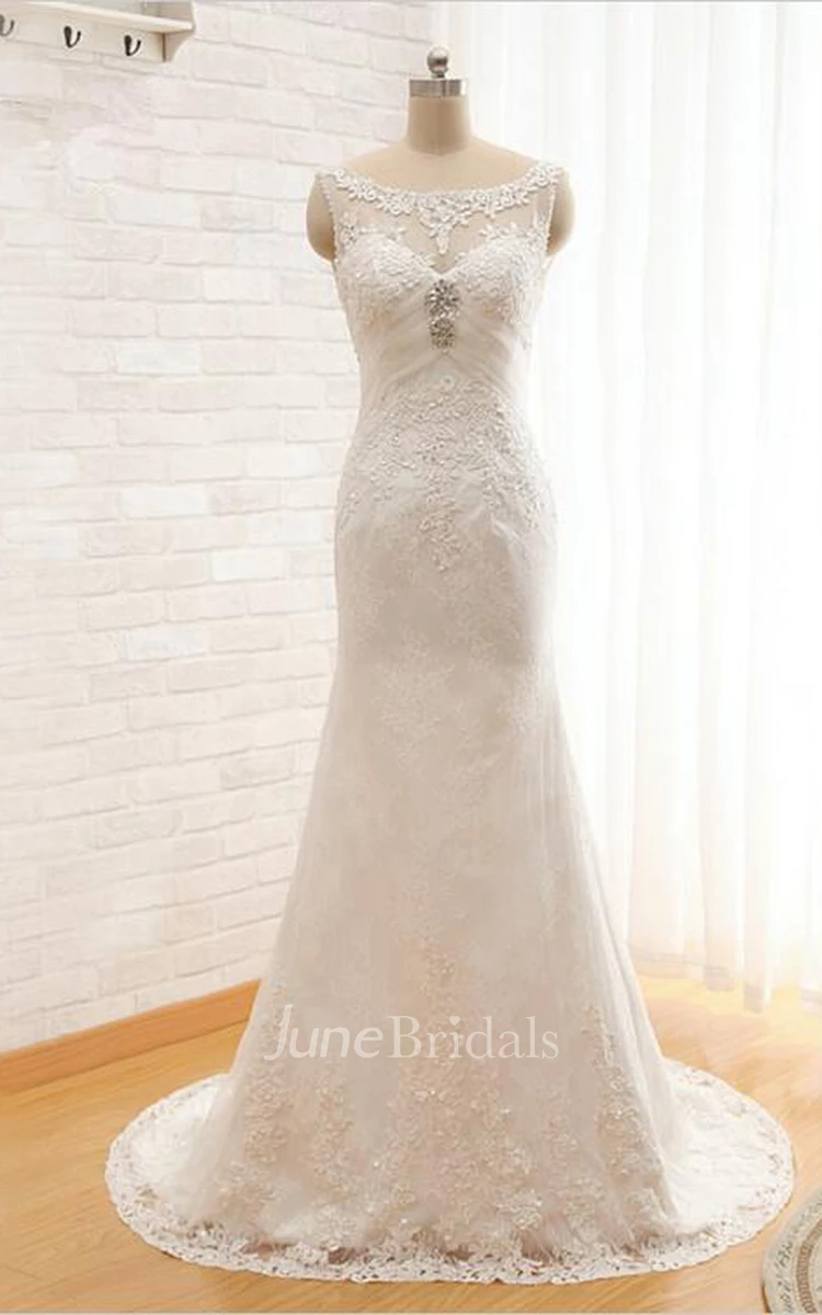 Long Sheath Lace Wedding Dress With Beading And Ruching