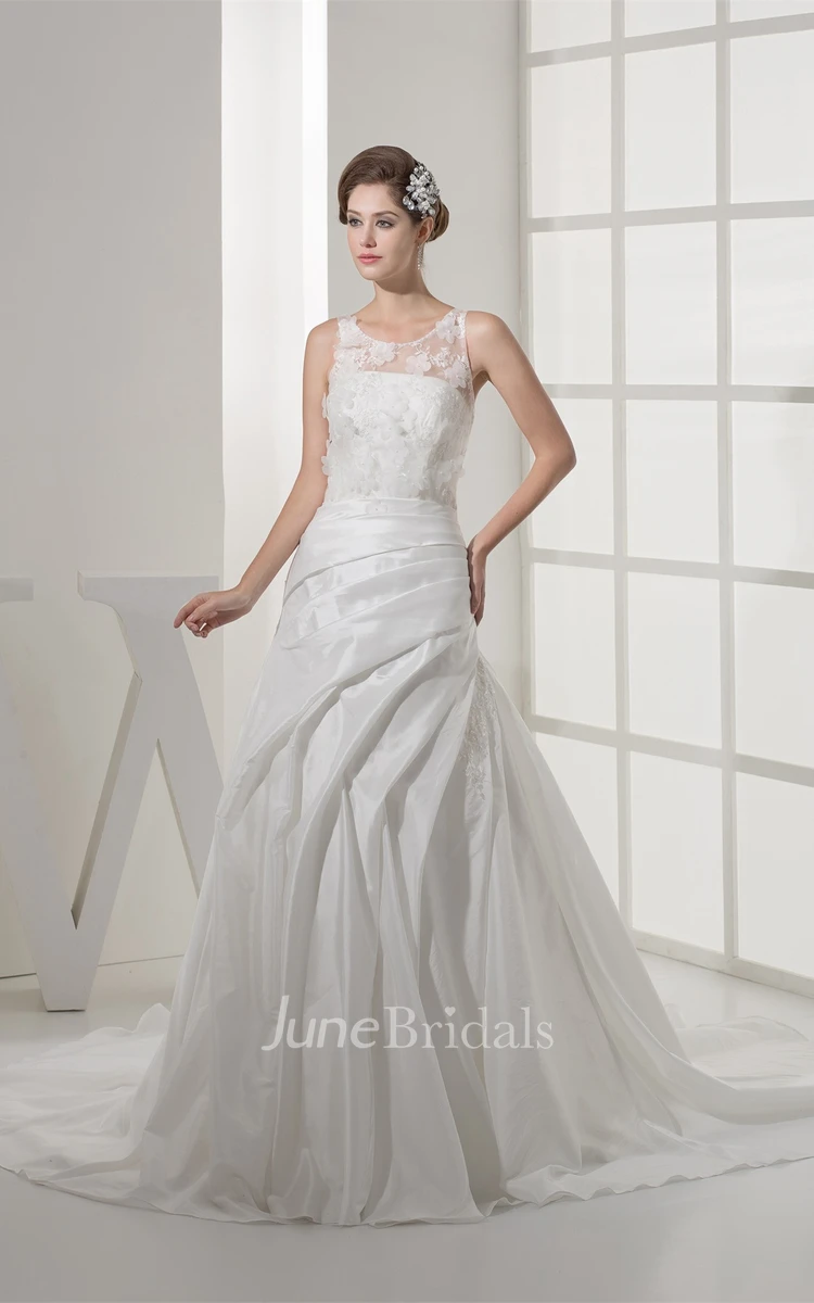 Floral Sleeveless A-Line Appliqued Gown with Draping and Illusion Neckline