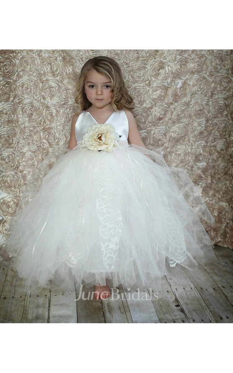 Beautiful V-neck Ruffled Tulle Ball Gown With Flower and Beading Waist