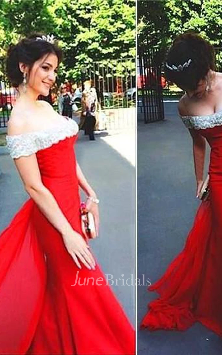 Newest Off-the-shoulder Red Mermaid Evening Dress Court Train