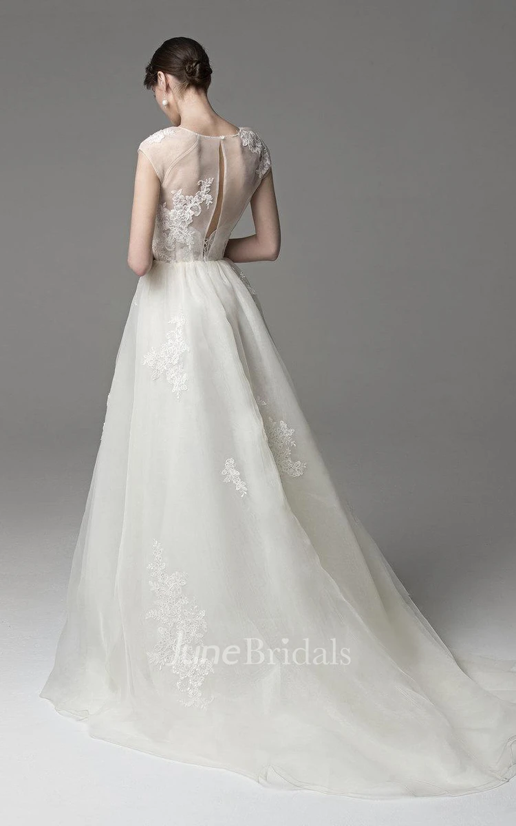 Scoop Neck Cap Sleeve A-Line Organza Dress With Appliques