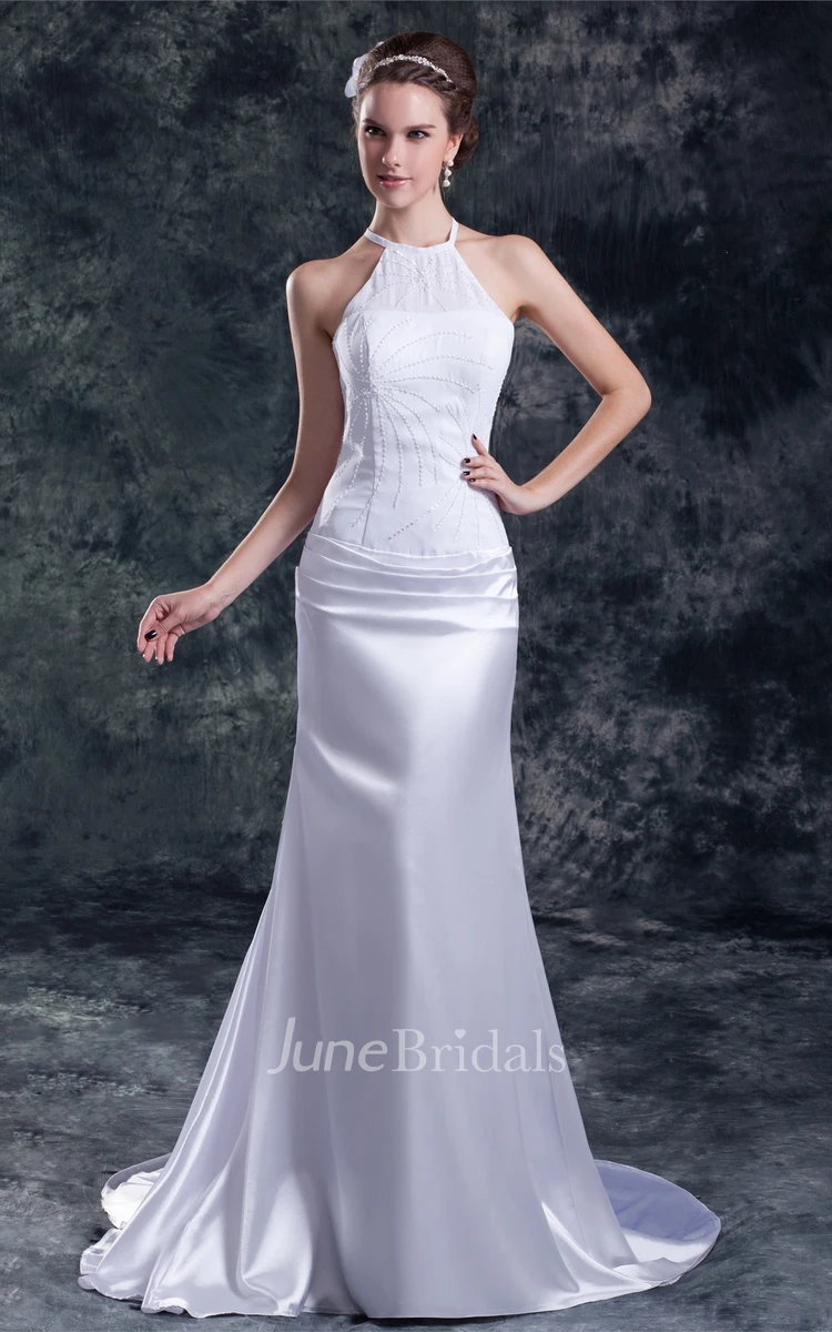 high-neck satin mermaid sleeveless dress with keyhole back and beading