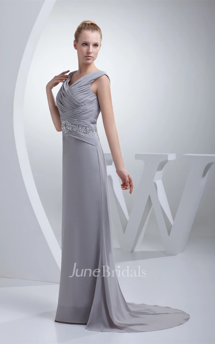 Sleeveless Criss-Cross Chiffon Floor-Length Dress with Jeweled Waist