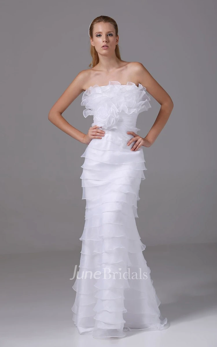 Strapless Organza Tiered Floor-Length Dress With Flower