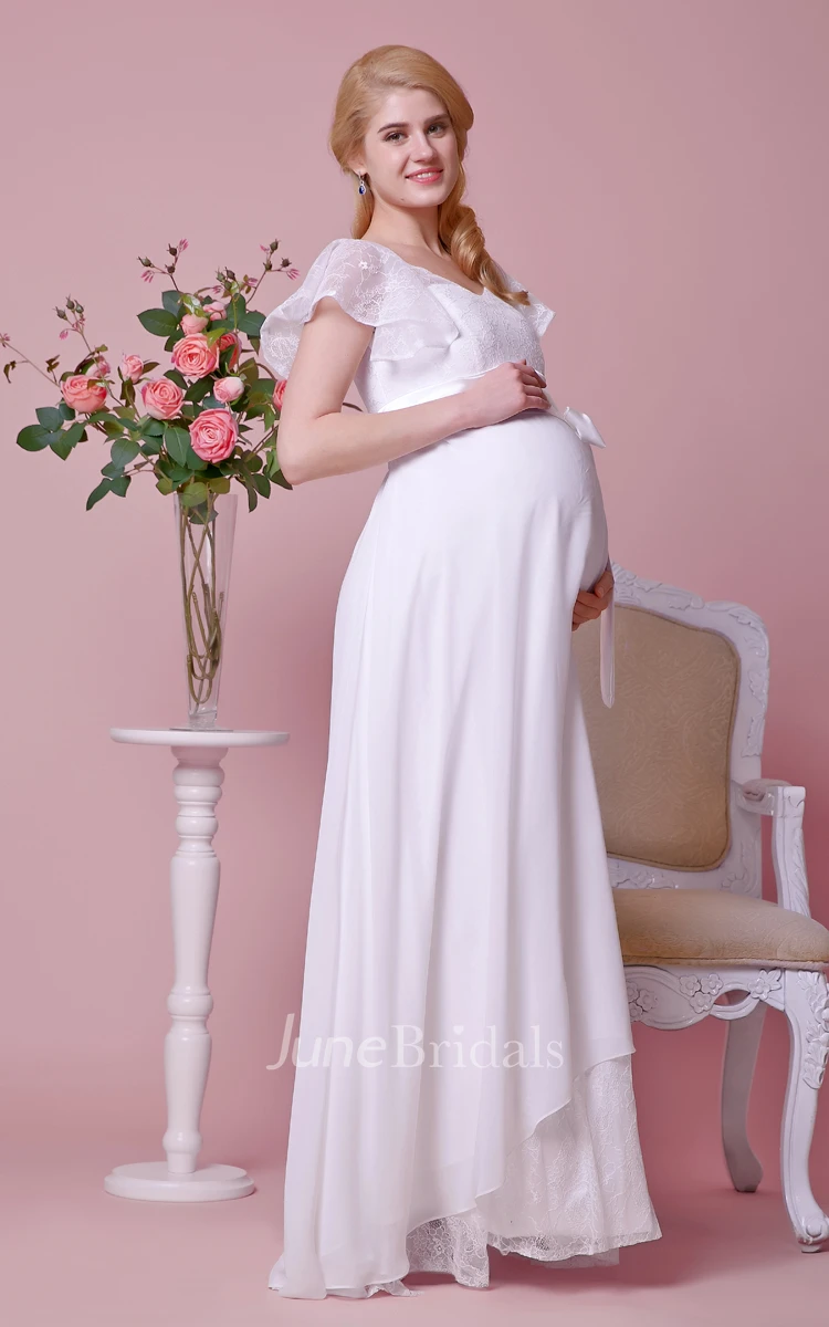 Cap-sleeved Scoop Neck A-line Chiffon Maternity Wedding Dress With Lace Bodice