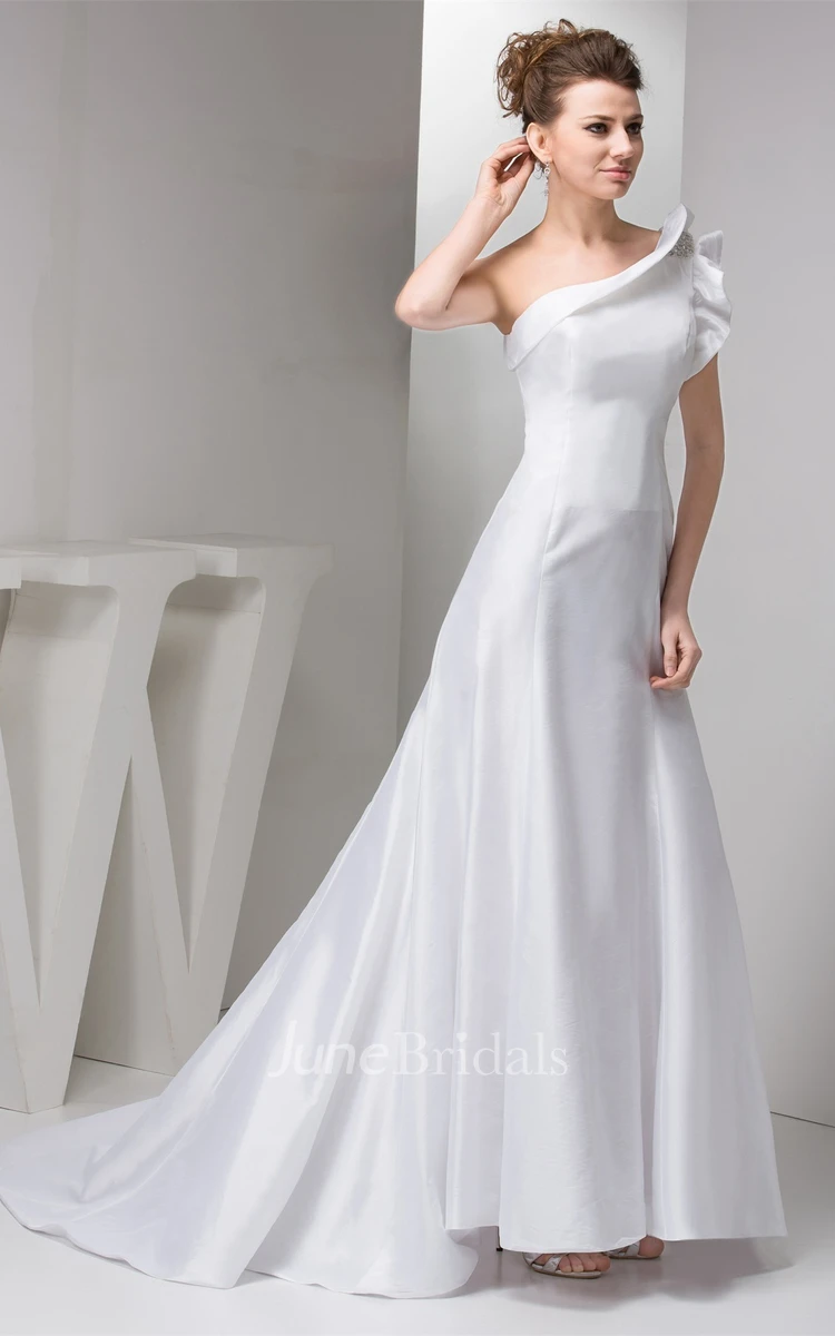 One-Shoulder Satin A-Line Gown with Beaded Epaulet