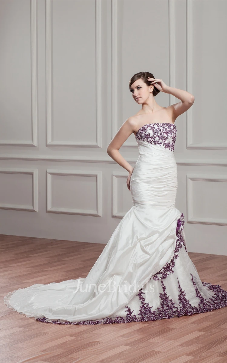 Strapless Mermaid Pick-Up Gown with Appliques and Ruching