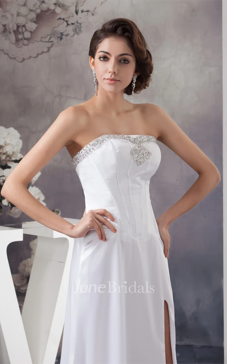 Strapless Front-Split Floor-Length Dress with Jeweled Top