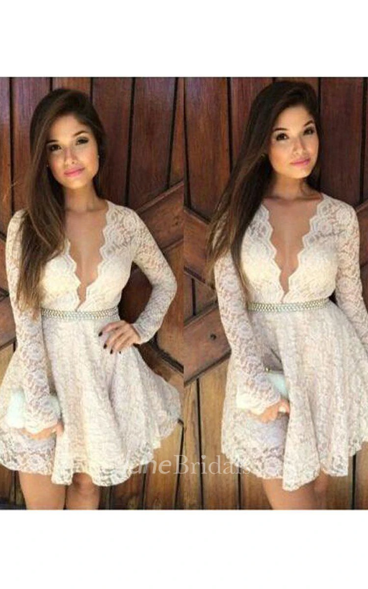 A-line Plunging Neckline Scalloped Long Sleeve Beading Ruffles Short Mini Lace Homecoming Dress