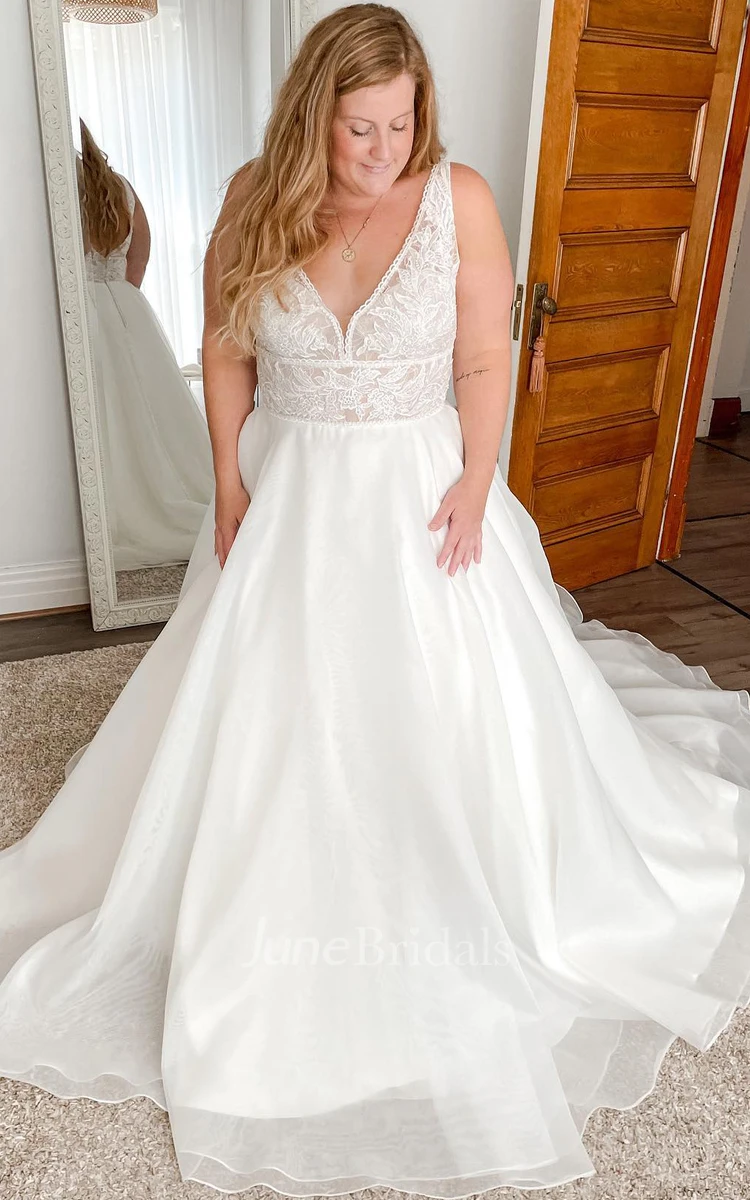 Sexy Country A-Line V-neck Organza Wedding Dress With Chapel Train And Open Back