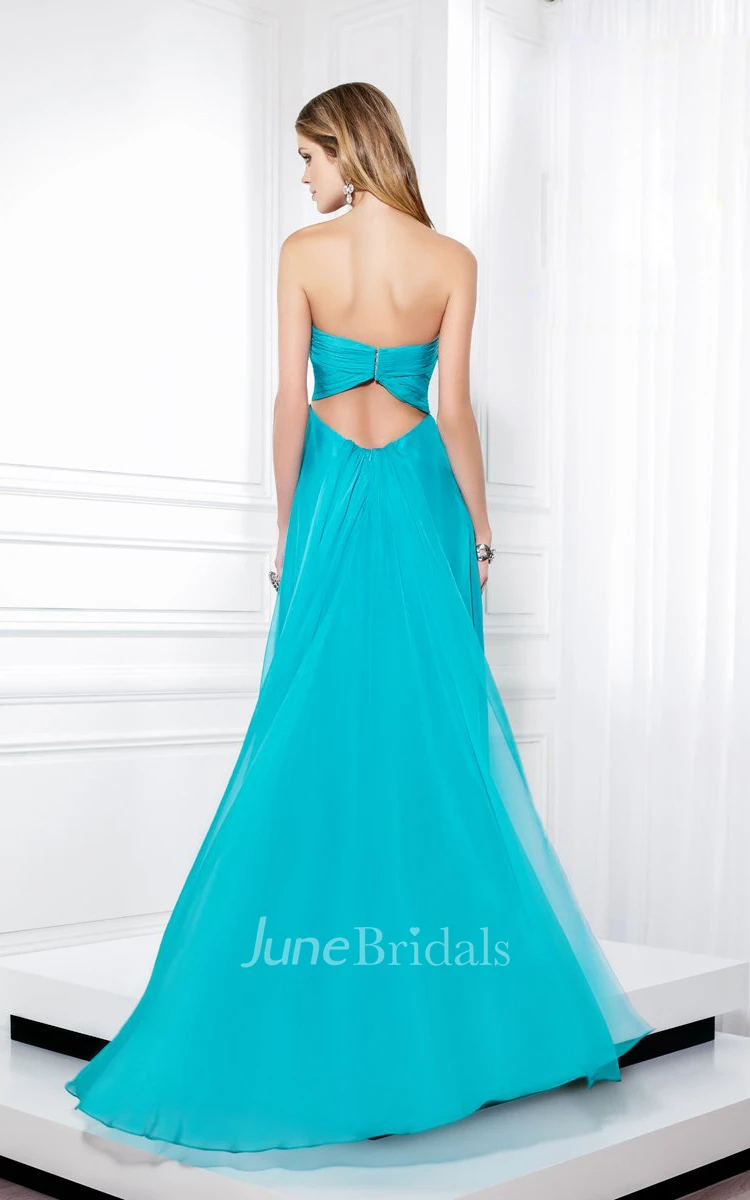 Floor-Length Sleeveless Strapless Ruched Chiffon Prom Dress With Beading