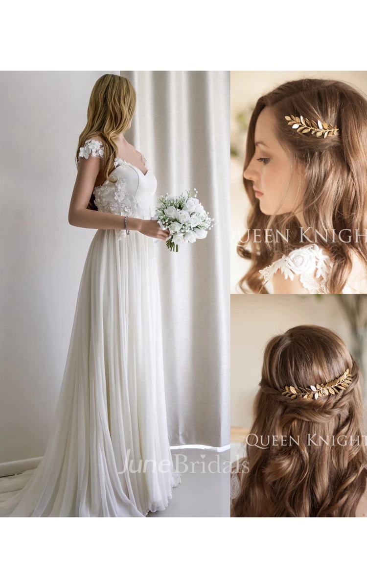 Sweetheart Chiffon Lace Weddig Dress With Beading and Vintage Western Style Style Golden Olive Leaf Hair Comb