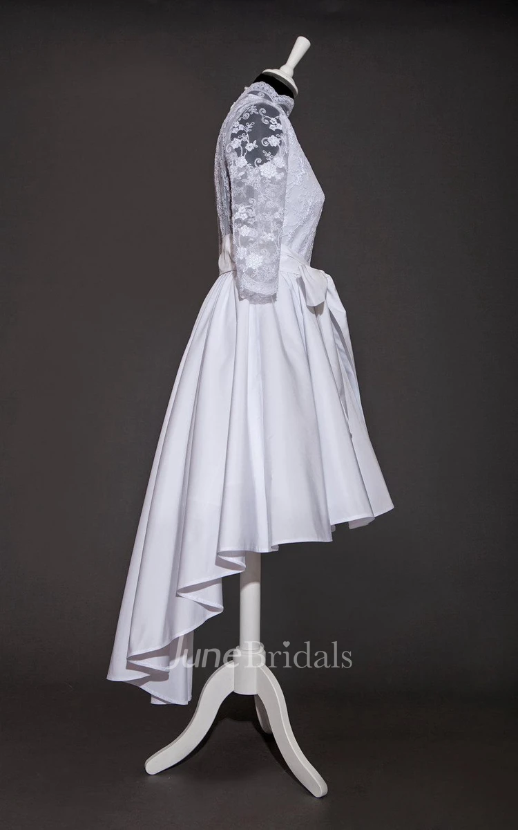 High-Neck Half Sleeve High-Low Satin Wedding Dress With Ruching And Bow