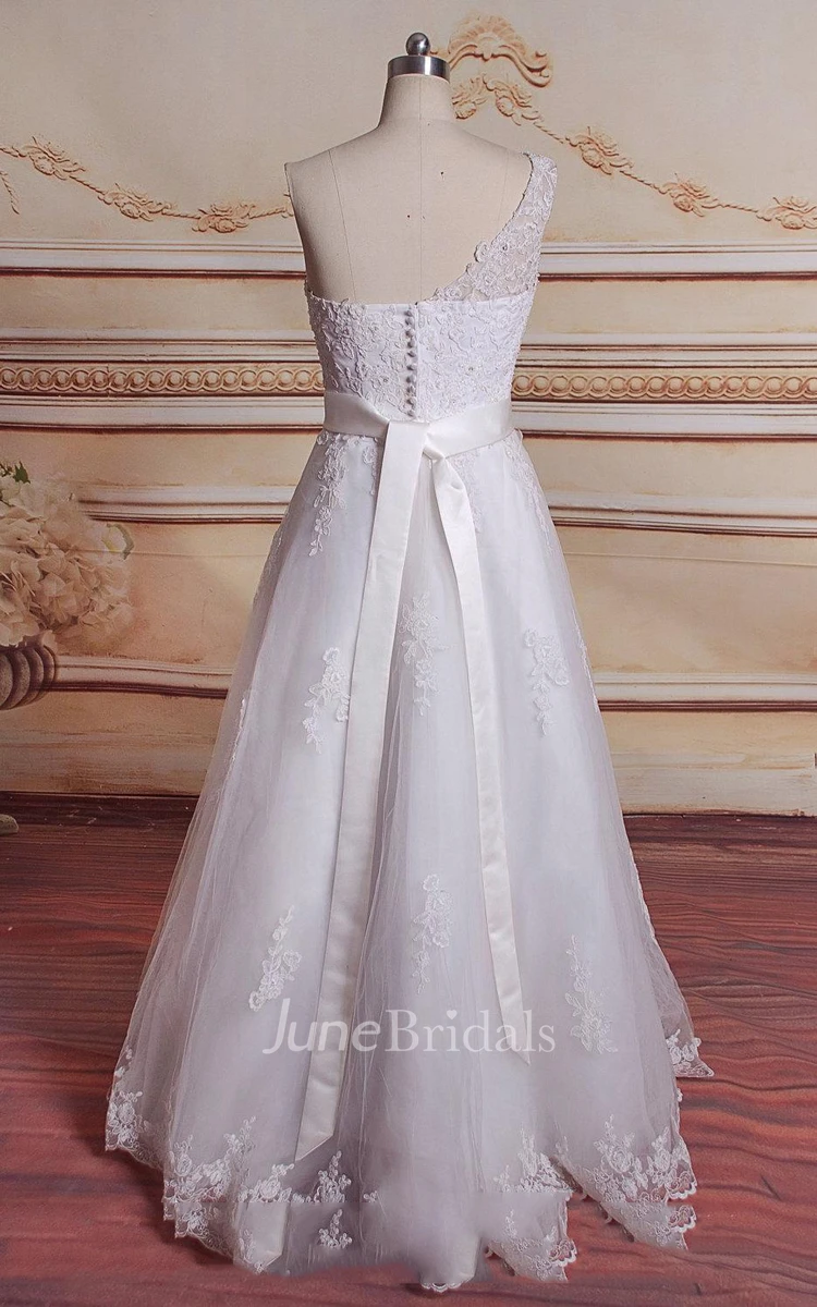 A-Line One-Shoulder Tulle Dress With Appliques And Bow