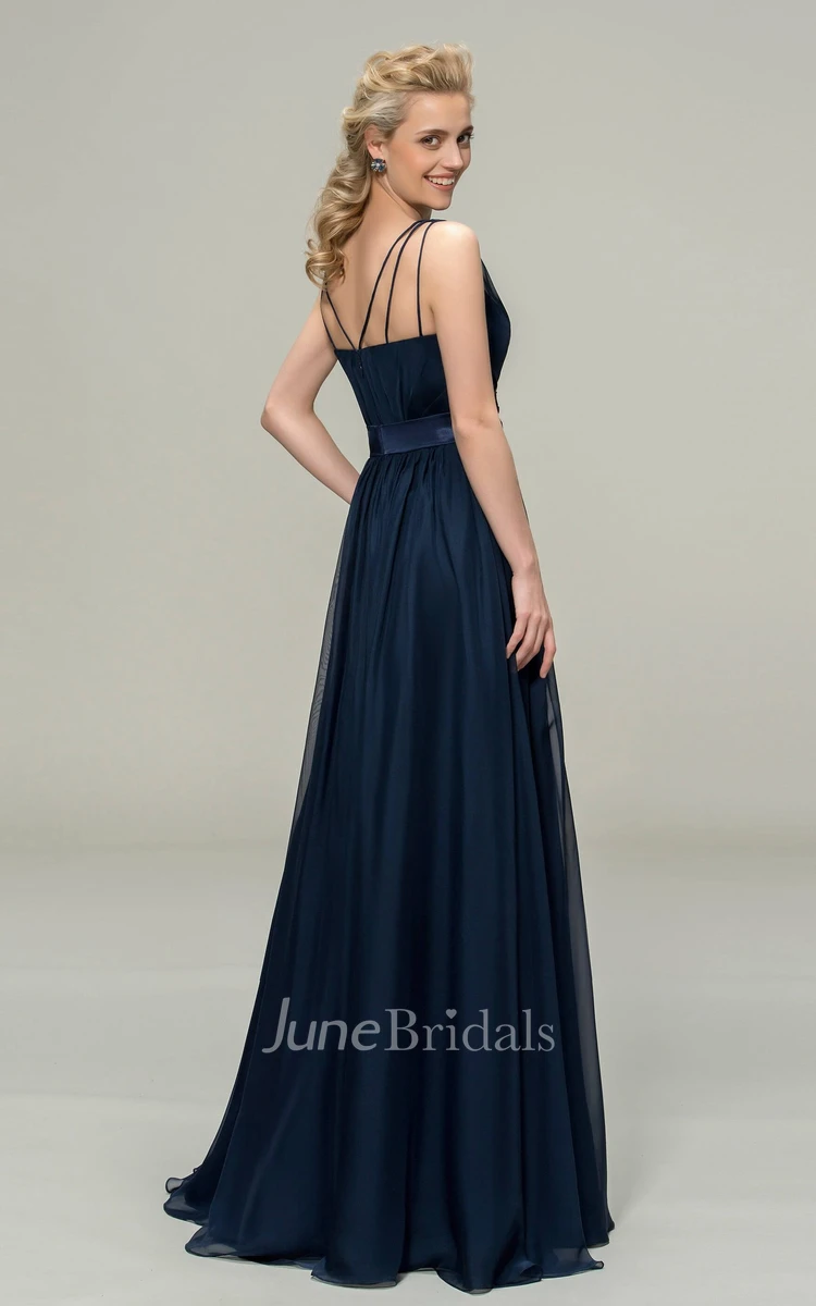 V-neck Romantic Sleeveless Chiffon Floor-length Dress With Floral Appliques And Sash