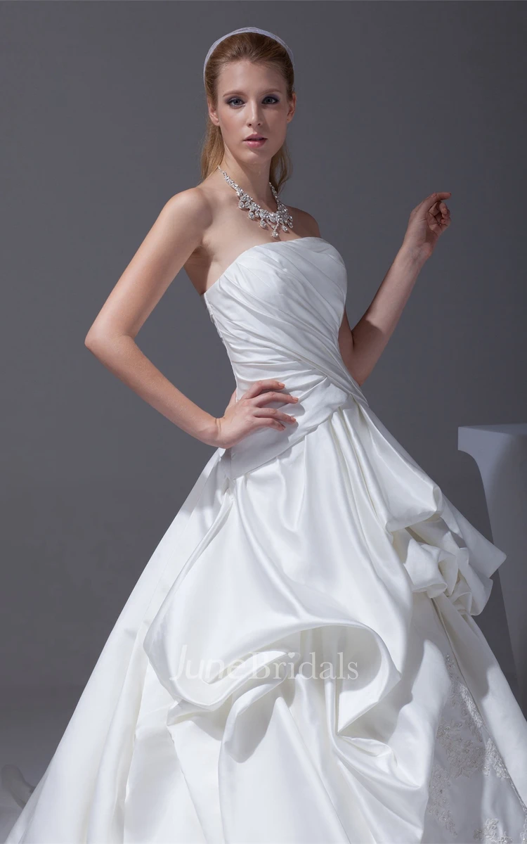 Ruched Criss-Cross Strapless Bodice Gown with Ruffles and Embellishment
