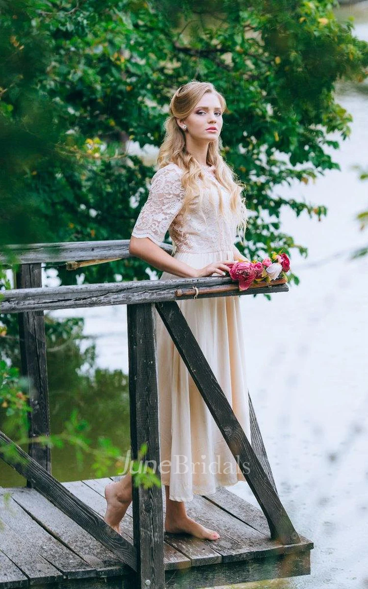 Boho Blush Ankle Length A-Line Chiffon Wedding Dress With Lace Bodice