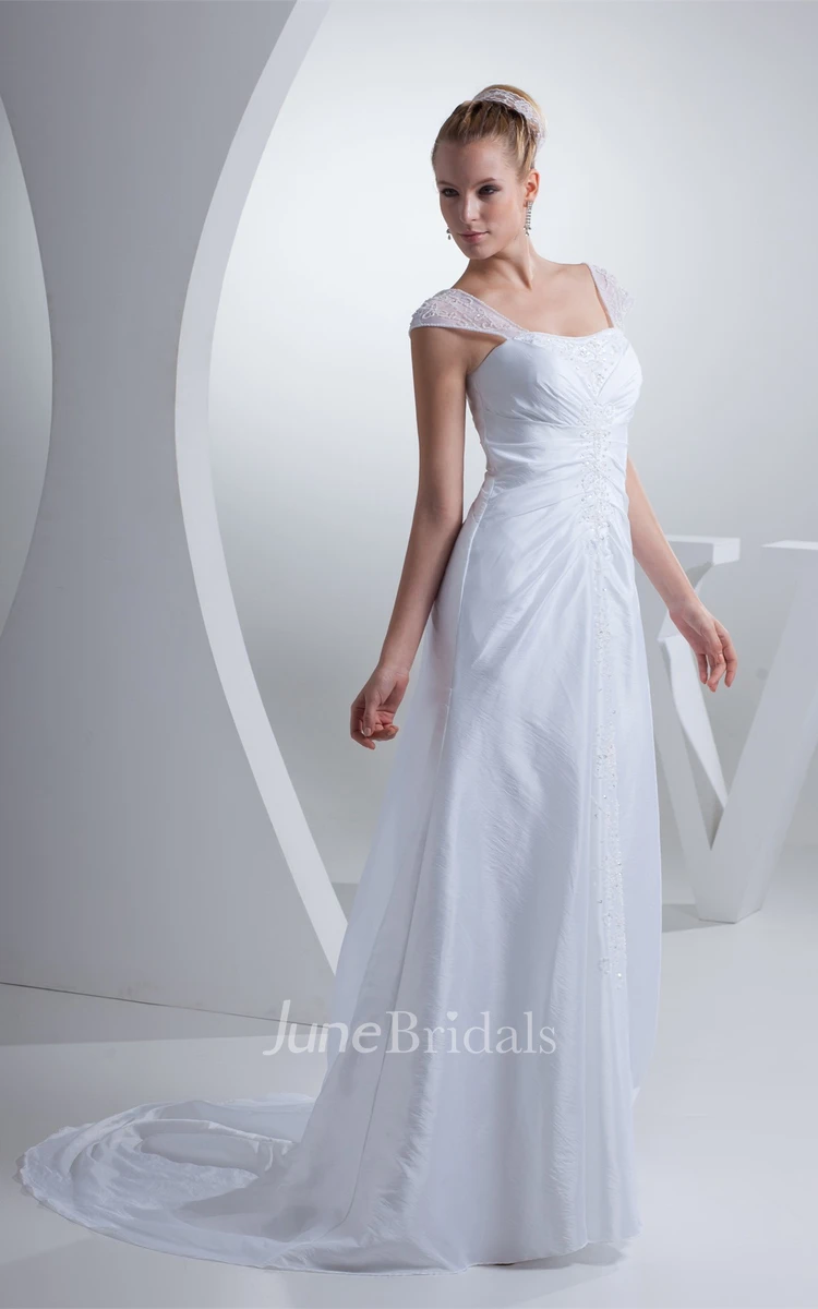 Caped-Sleeve Central-Ruched A-Line Dress with Beading and Sweep Train