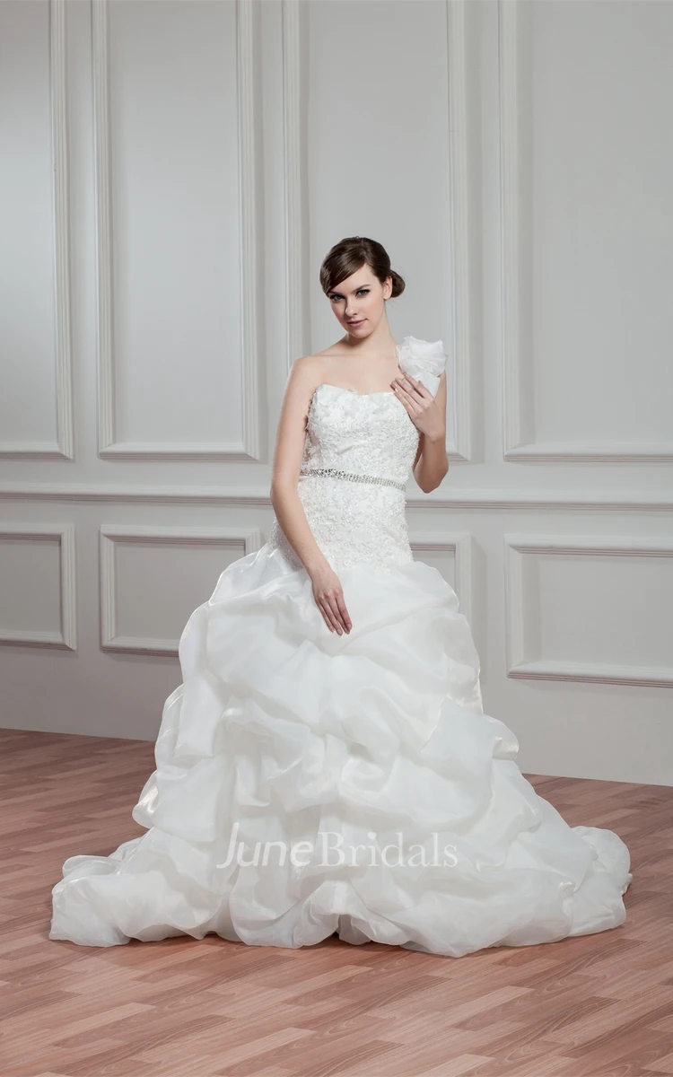 One-Shoulder Pick-Up Ball Gown with Appliques and Gemmed Waist