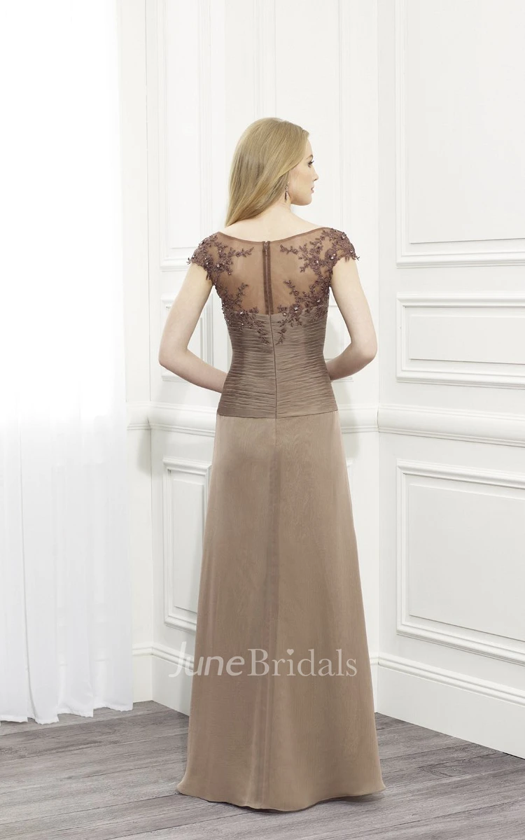 A-Line Long Appliqued Scoop Cap-Sleeve Chiffon Formal Dress With Illusion Back And Ruching