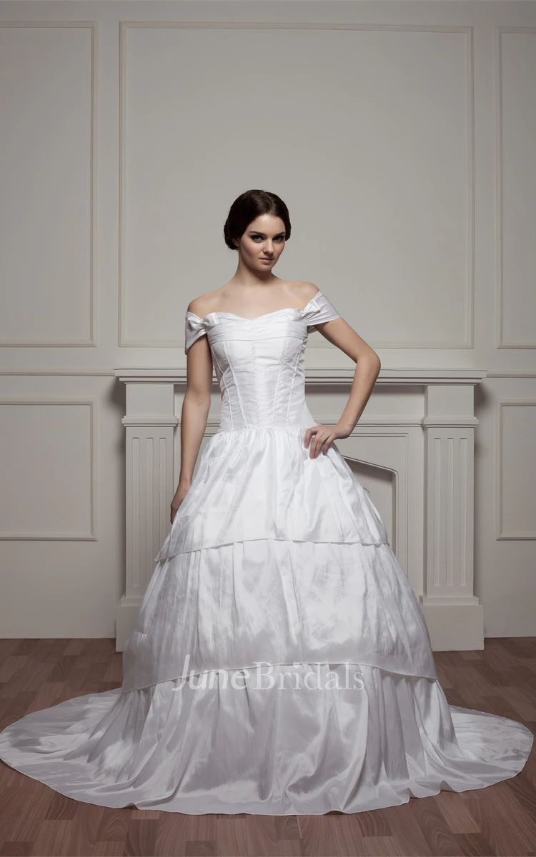 Off-The-Shoulder A-Line Gown with Ruching and Court Train