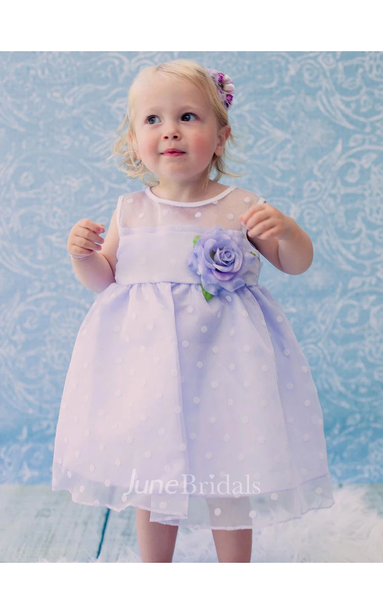 Sleeveless Jewel Neck Organza Polka-Dot Baby Dress With Flower Belt