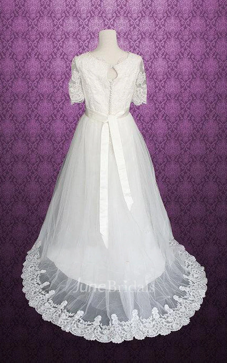 Jewel Half Sleeve Button Back Tulle Wedding Dress With Sash And Lace