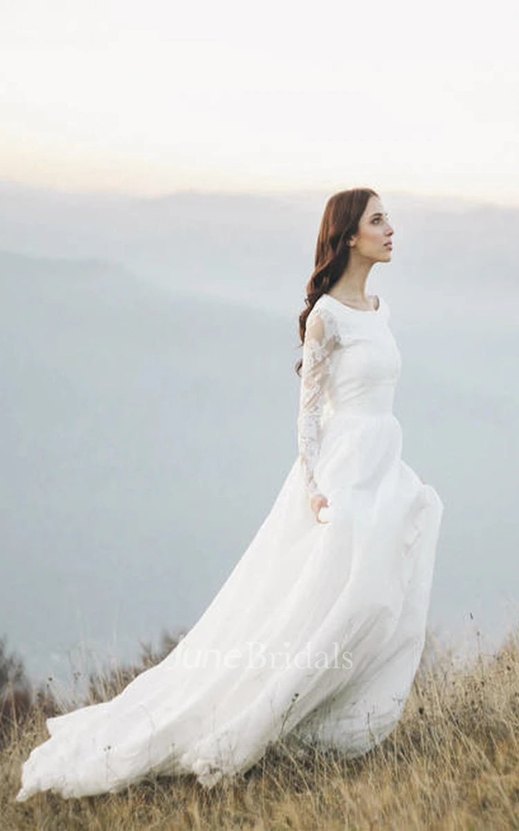 Chiffon Long Sleeve Illusion Wedding Dress With Deep V-back And Court Train
