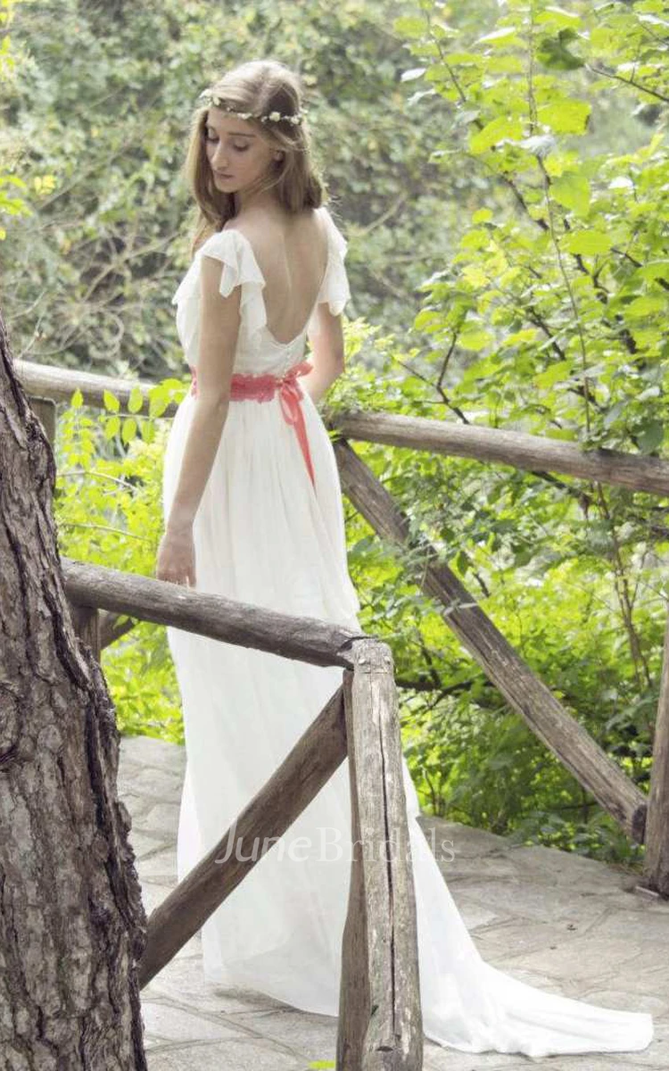 Poet-Sleeve Chiffon Pleated Floor-Length Wedding Dress With Sweep Train