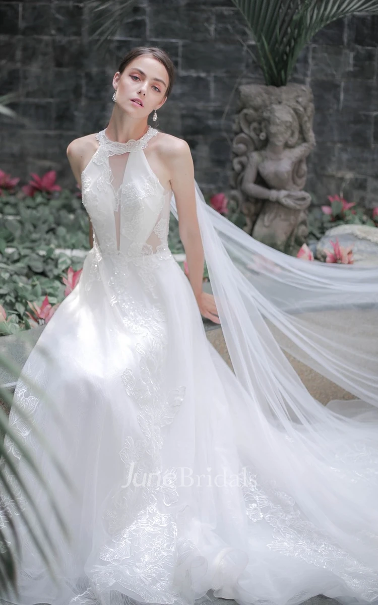 Princess A-line Halter Sleeveless Court Train Lace Tulle Wedding Dress With  Appliques Sequins