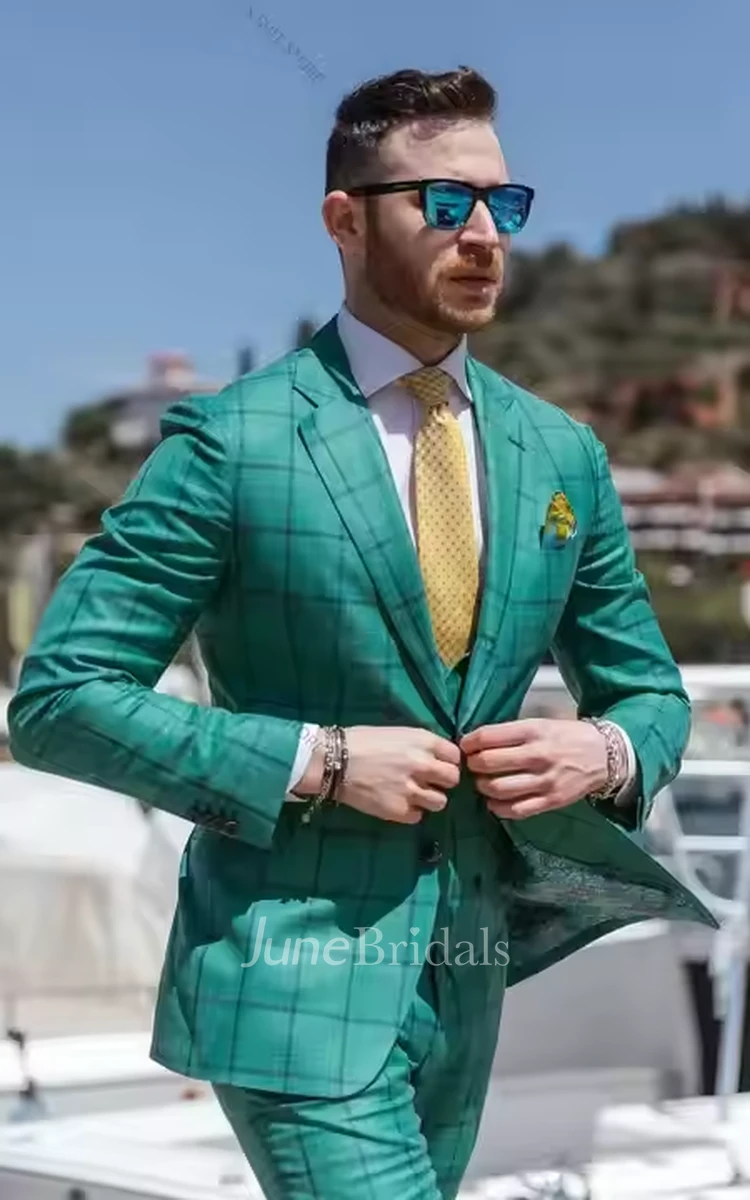 Contemporary Trendy Green 3 Pieces Groom Men's Tuxedo Slim Fit Peak Lapel Wedding Suit Blazer Jacket Vest Pants