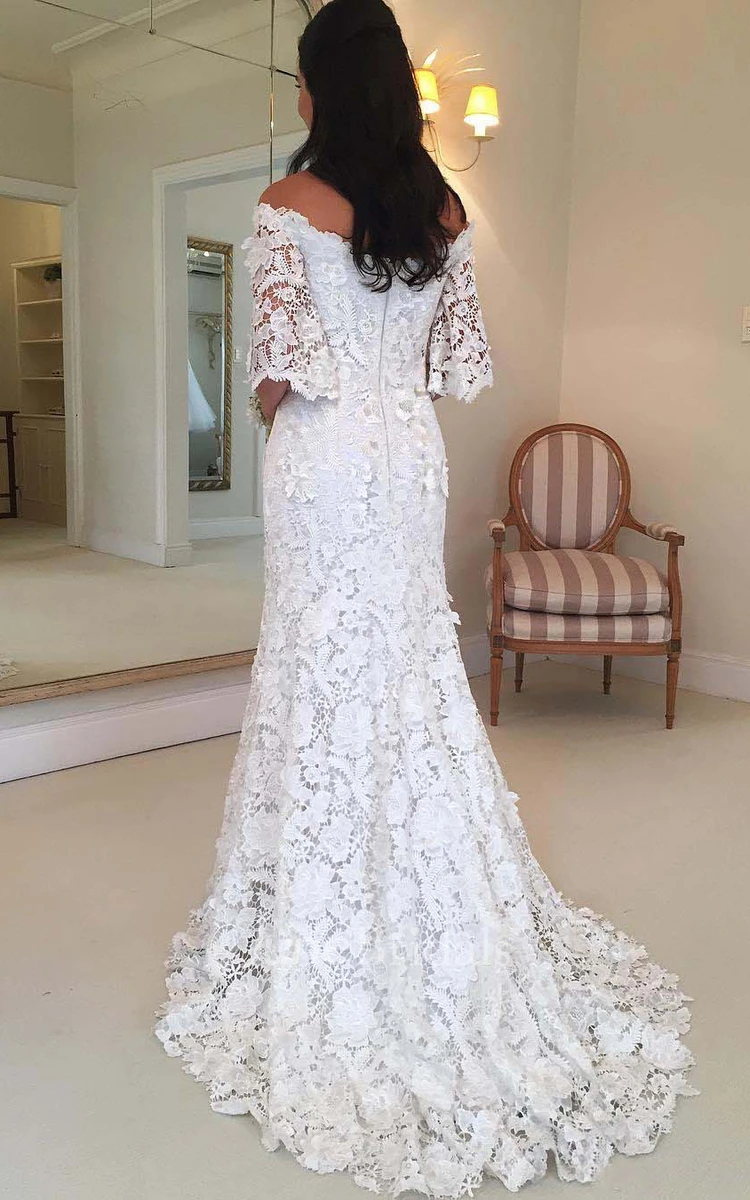 Vintage Bohemian Off The Shoulder Half Long Sleeves Lace Bridal Gown