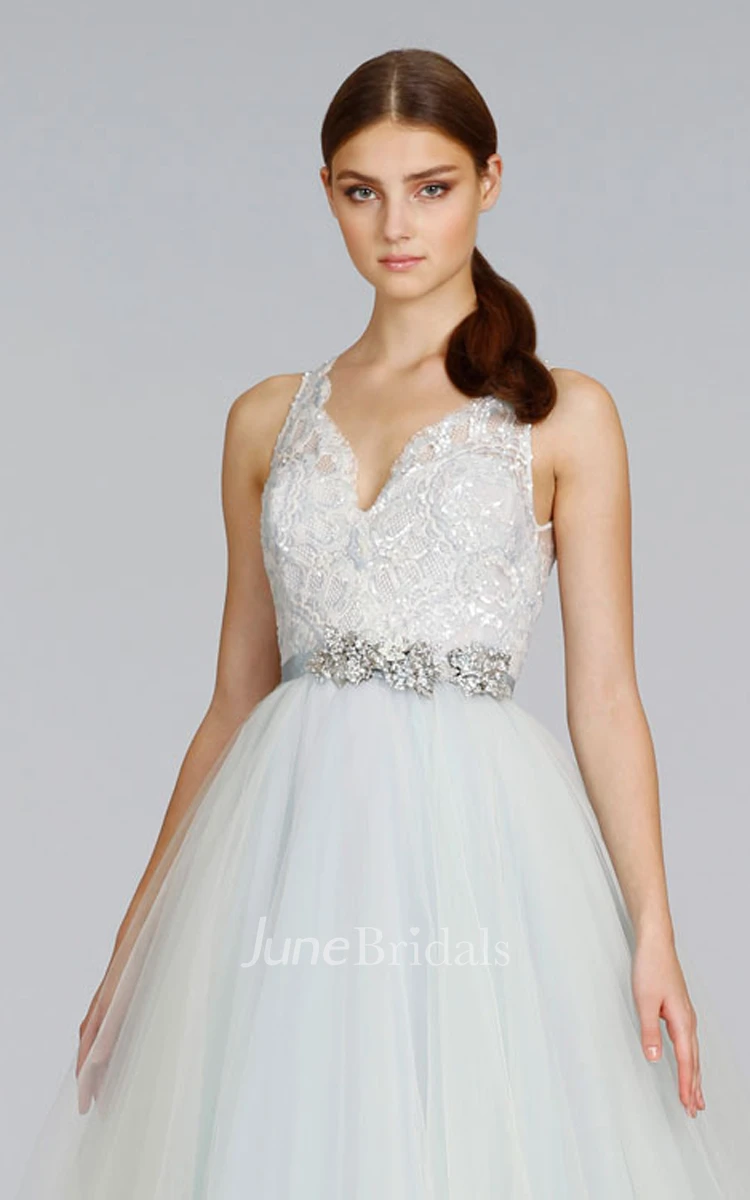Magnificent Lace Bodice High-low Tiered Tulle Ball Gown With Crystal Belt