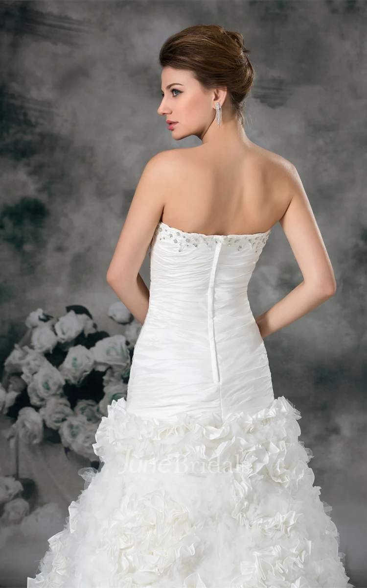 sweetheart a-line ruched dress with ruffled skirt and beading