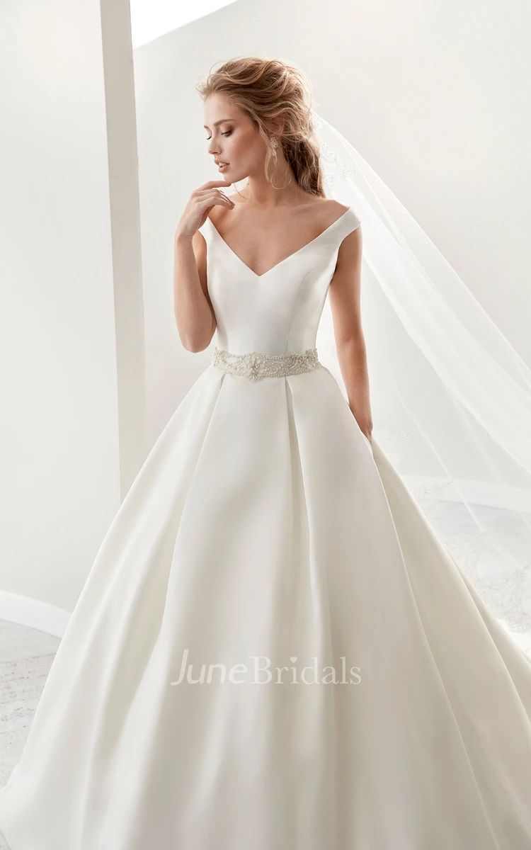 Simple V-Neck A-Line Satin Wedding Dress With Beaded Belt And Brush Train -  June Bridals