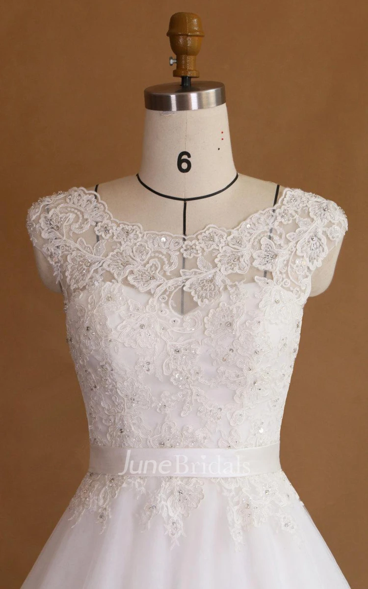 Ball Gown Cap Sleeve Lace Satin Dress With Beading Appliques Illusion