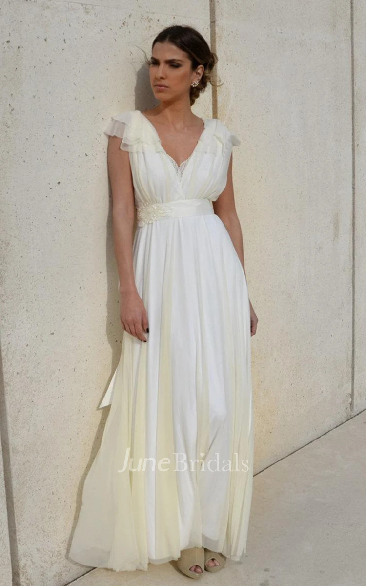 Plunged Cap-Sleeve Chiffon Tulle Ankle-Length Wedding Dress With Bow