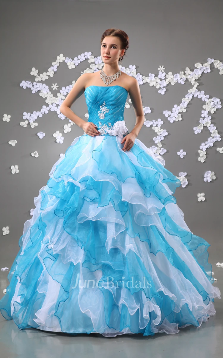 A-Line Floral Strapless Chic Ball Gown With Crystal Detailing And Ruffles