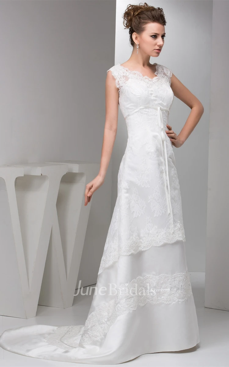 Caped-Sleeve Lace A-Line Gown with Low-V Back