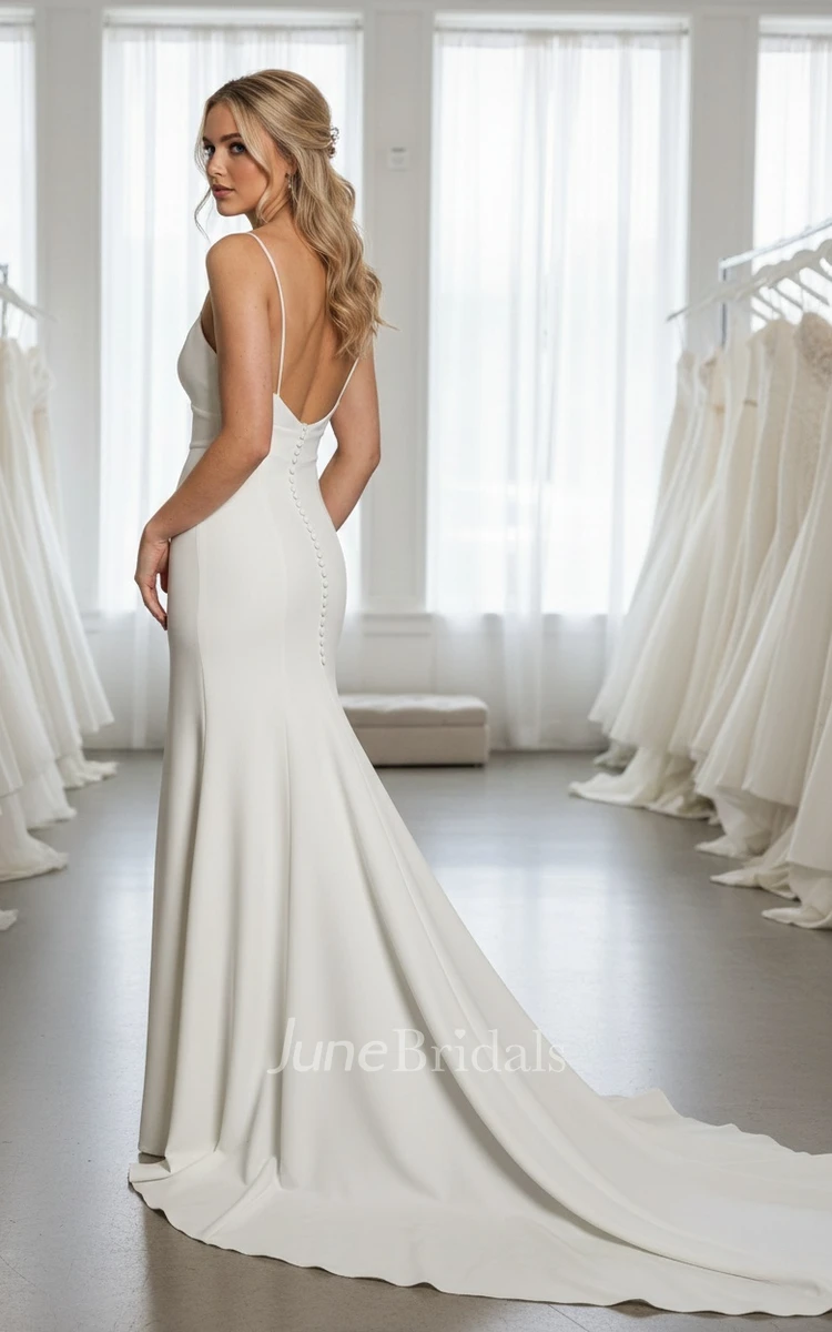 Modern Simple Mermaid Square Neckline Beach Warm Wedding Dress Sexy Flowy Spaghetti Strap Side Split Backless Sleeveless Basque Cut Bodice Bridal Gown
