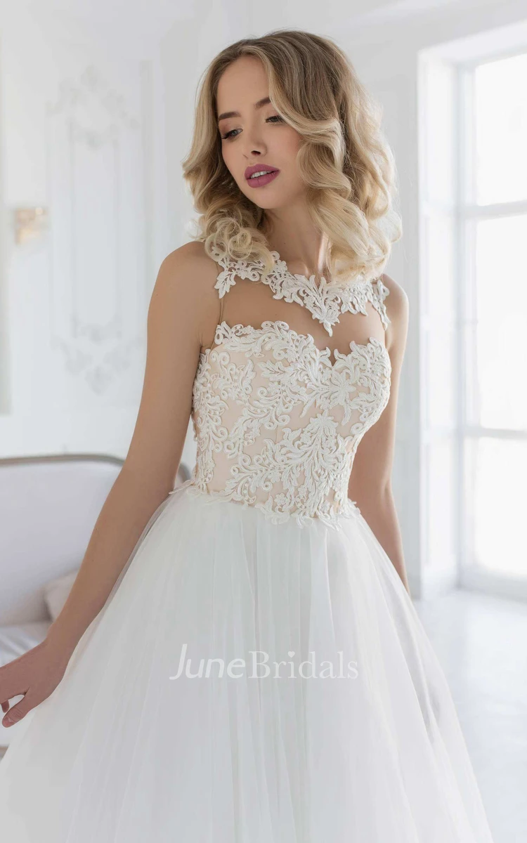 Sleeveless Ball Gown Tulle A-Line Wedding Dress With Illusion And Lace Top