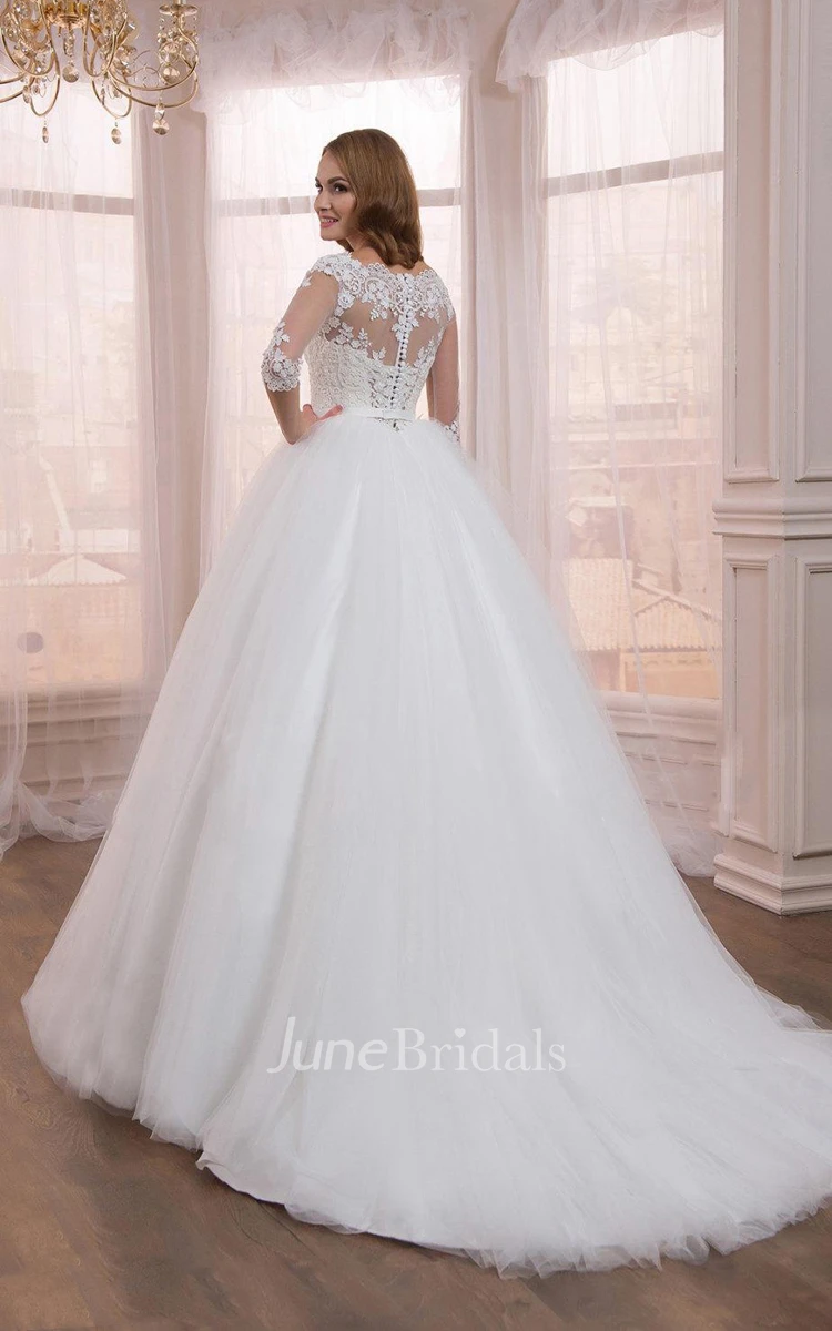 Half Sleeve Tulle Ball Gown Dress With Appliques