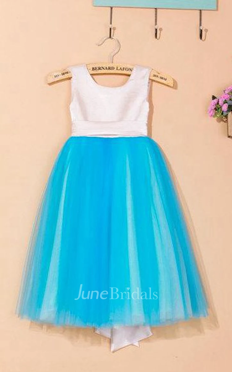 Sleeveless Scoop Pleated Tulle&Satin Dress With Flower