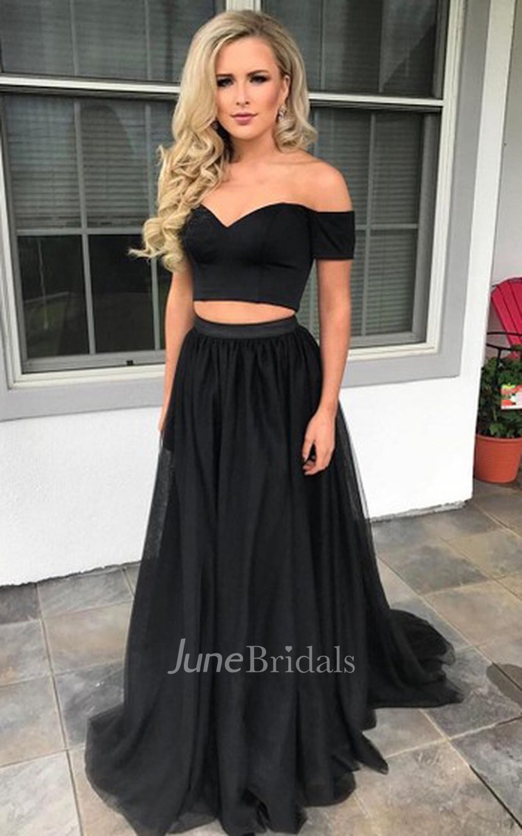 Informal Two Piece Tulle Off the shoulder Sweetheart Sleeveless Prom Dress