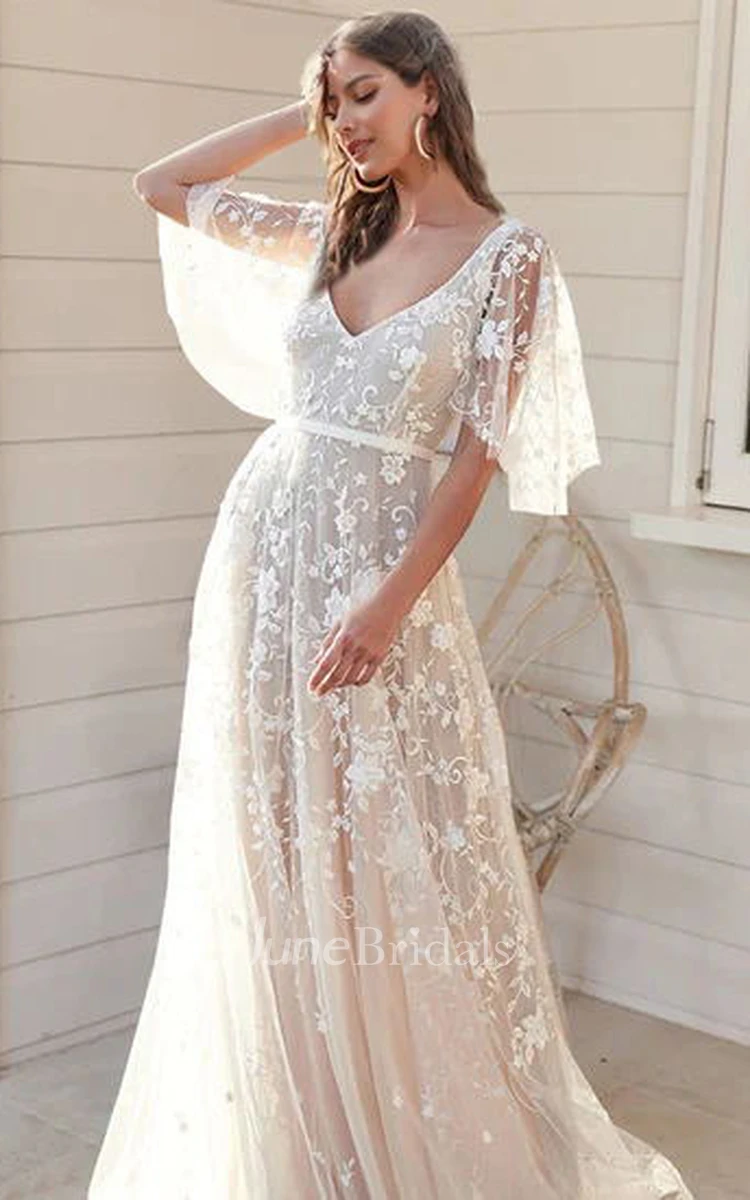 2024 Ethereal Boho Beach Short Bell Sleeve A-Line Wedding Dress Garden Floral Lace Deep-V Back Maxi Bridal Gown
